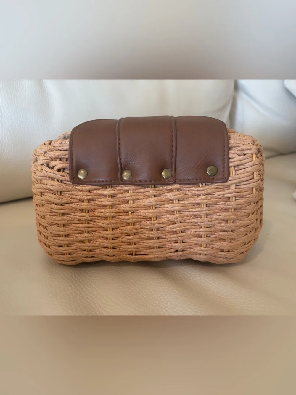 Atmosphere Tan Woven Straw Clutch with Brown Trim